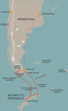 Chilean Fjords and Antarctica  route map