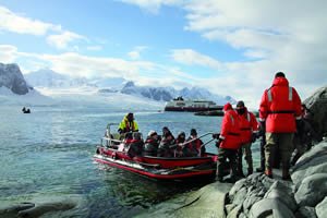 Landing ashore in Antarctica in a Polar Cirkel boat