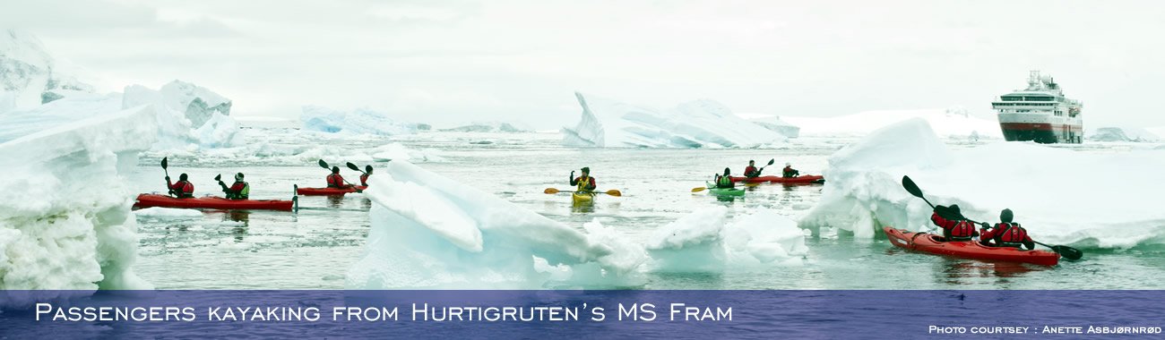 Passengers kayaking from Hurtigruten's MS Fram