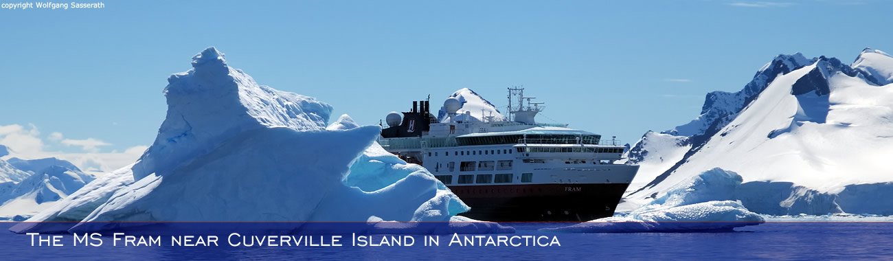 MS Fram sailing near Cuverville Island in Antarctica